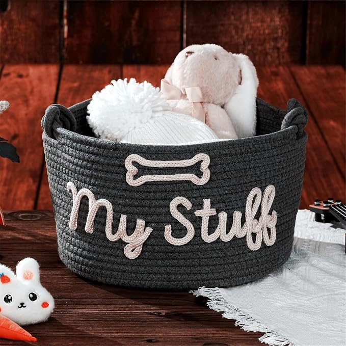 JUPPE Pet Dog Basket with Personalized Name, Dog Toys Storage Organizer Custom Cotton Rope Basket Nursery Decor (Pet Basket)