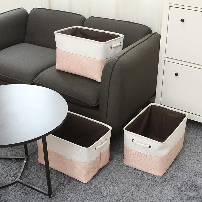 Sea Team Large Rectangle Canvas Open-Top Storage Baskets, 3-Pack | Collapsible Fabric Storage Bins with Handles, Closet Shelf Organizers, 15 x 10 x 10 Inches, Pale Blush & White