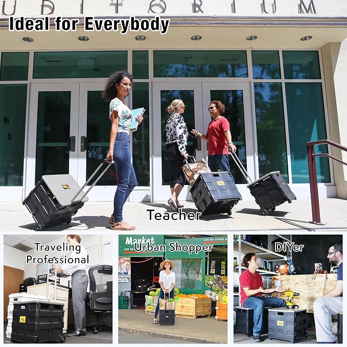 dbest Products Quik Cart Standard Collapsible Rolling Crate - Gray Lid | with Wheels, Roll Up to 80 lbs Capacity, Heavy Duty Plastic Construction, Telescoping Handle, Foldable Utility Cart