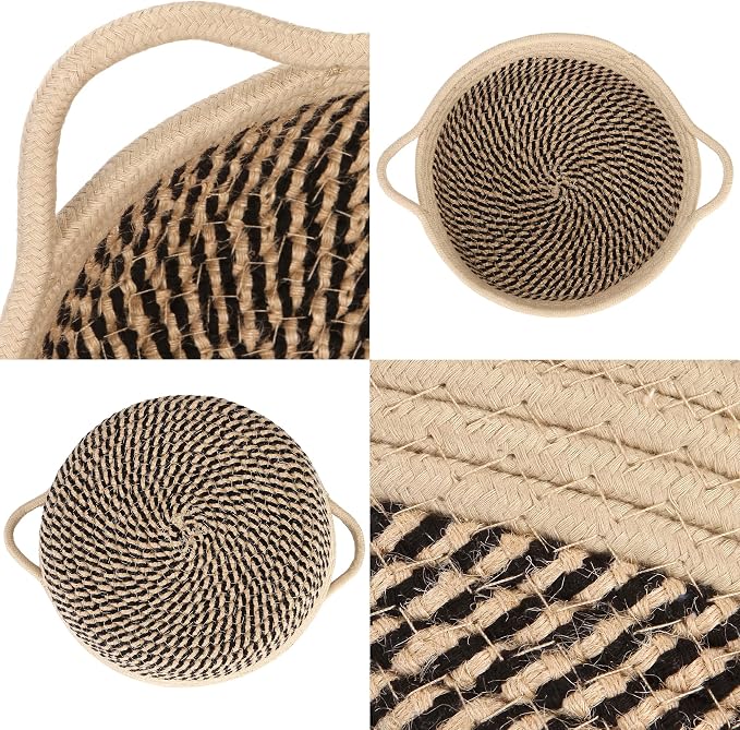 Sea Team 2-Pack Compact Woven Cotton Rope Storage Baskets, Mottled Flaxen | Knitted Decorative Organizer Bins with Handles, Portable Round Containers for Small Items, Keys, Makeup, Jewelry, Trinkets