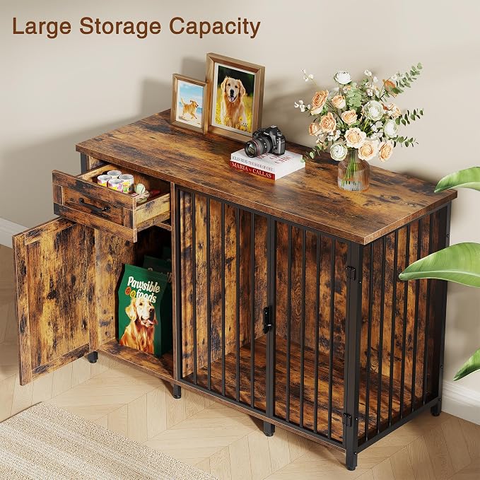 Spacesea 30" Dog Crate Furniture with Storage Drawers and Cabinet, Wooden Farmhouse Dog Kennel Indoor with 900 lbs Capacity Steel Frame, Built-in Power Outlets