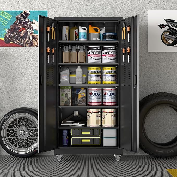 Reemoon Metal Storage Cabinet with Wheels and Pegboard, 71 in, Black | 18 in deep steel cabinet with 5 adjustable shelves, door pegboard, lock, and 4 casters.Required assembly