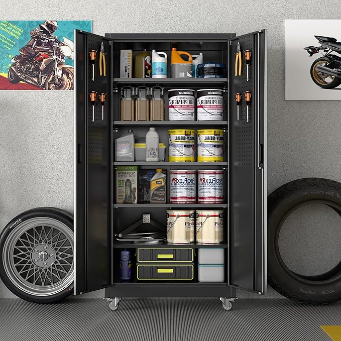Garage Storage Cabinet with Wheels and Pegboard Doors, Black | 71"H x 34"W x 18"D steel cabinet with 5 adjustable shelves, 4 casters, 4 hooks and 3-point locking; assembly required.
