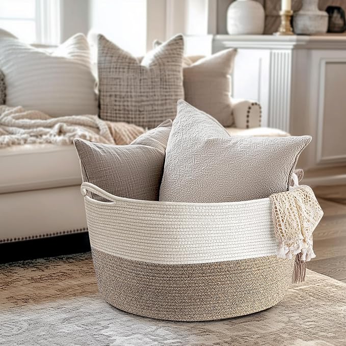 Maliton Woven Rope Blanket Basket Living Room, Storage Basket for Toy, 90L | 22"x14" Cotton Rope Basket. Holds blankets, Toys & Towels & Laundry. For Bedroom, Nursery, Bath & Playroom. Soft & Durable