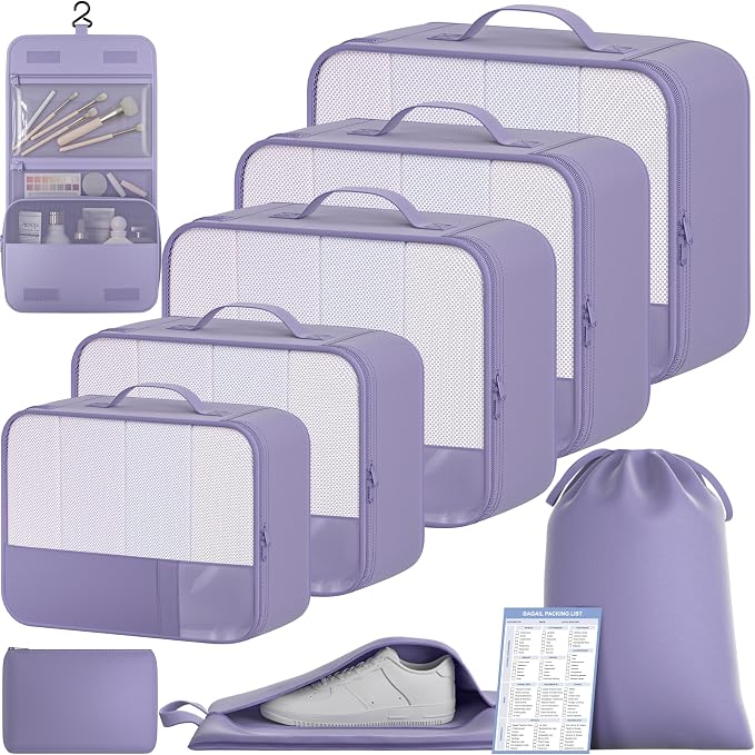 BAGAIL 9 Set Packing Cubes with Packing List Luggage Packing Organizers for Travel Accessories (Dusty Purple)