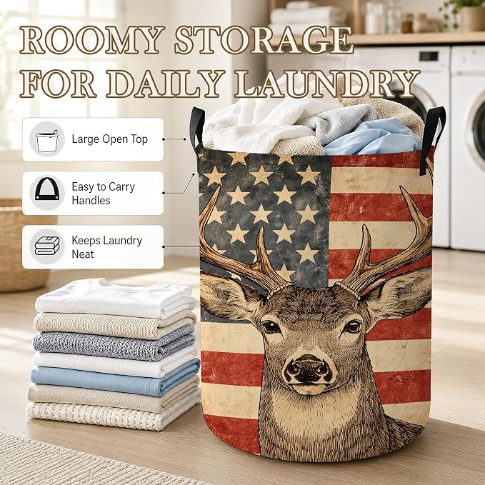 Retro Deer Laundry Hamper, American Flag Laundry Baskets, Waterproof Oxford Cloth for Room/Bathroom/Bedroom/Dormitories 16x20.8 Inch
