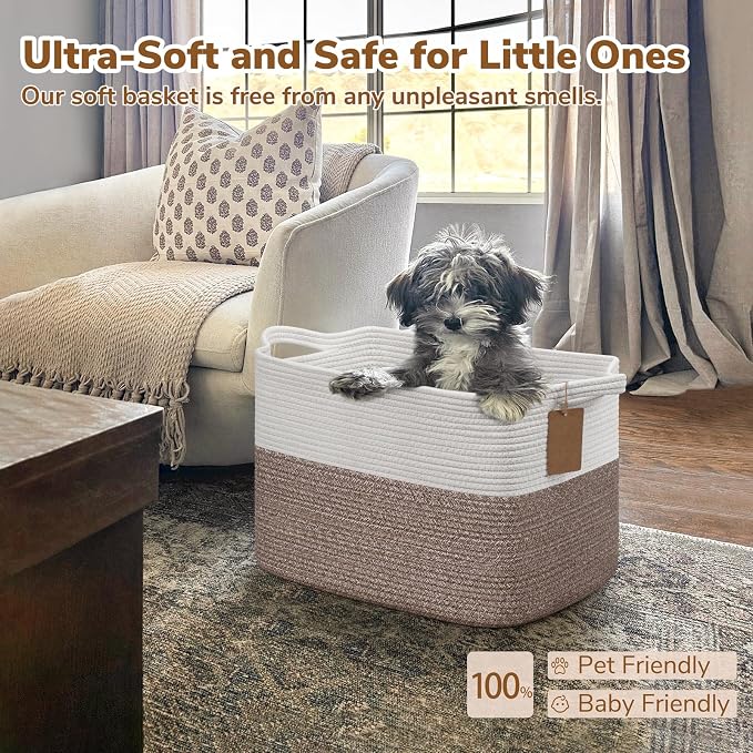 Goodpick 50L Large Woven Rope Storage Basket, Rectangle, Brown | 18" × 14" × 12" Decorative Gift Basket for Living Room & Nursery Organization, Fits Blankets, Toys & Clothes Storage
