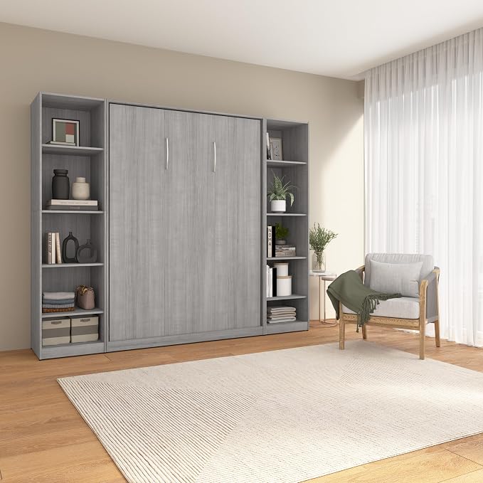 Bestar Full Murphy Bed with Closet Organizer, Platinum Gray, Claremont, 99W | Closet Organizers; dual piston mechanism; for guest room or multipurpose space; 10-year warranty