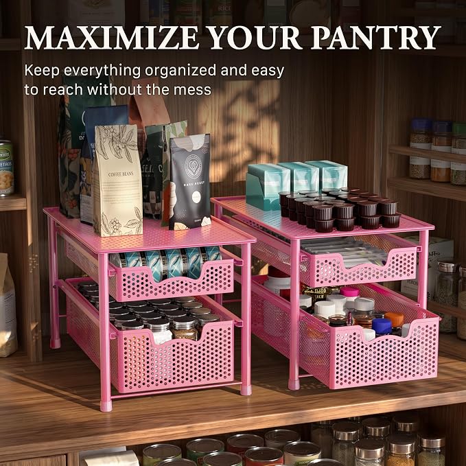 Simple Houseware Stackable 2 Tier Sliding Basket Organizer Drawer, Pink