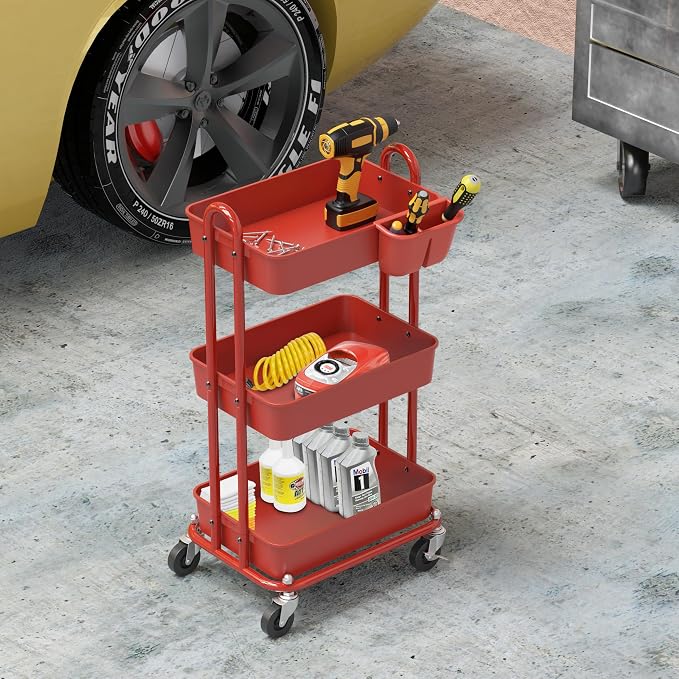 Simple Houseware 3-Tier Rolling Utility Cart with Hanging Bucket, Red | Storage for Bathroom, Kitchen, Office, Study Room, Nursery Diaper