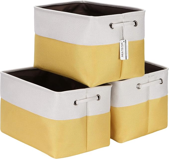 Sea Team Large Rectangle Canvas Open-Top Storage Baskets, 3-Pack | Collapsible Fabric Storage Bins with Handles, Closet Shelf Organizers, 15 x 10 x 10 Inches, Yellow & White
