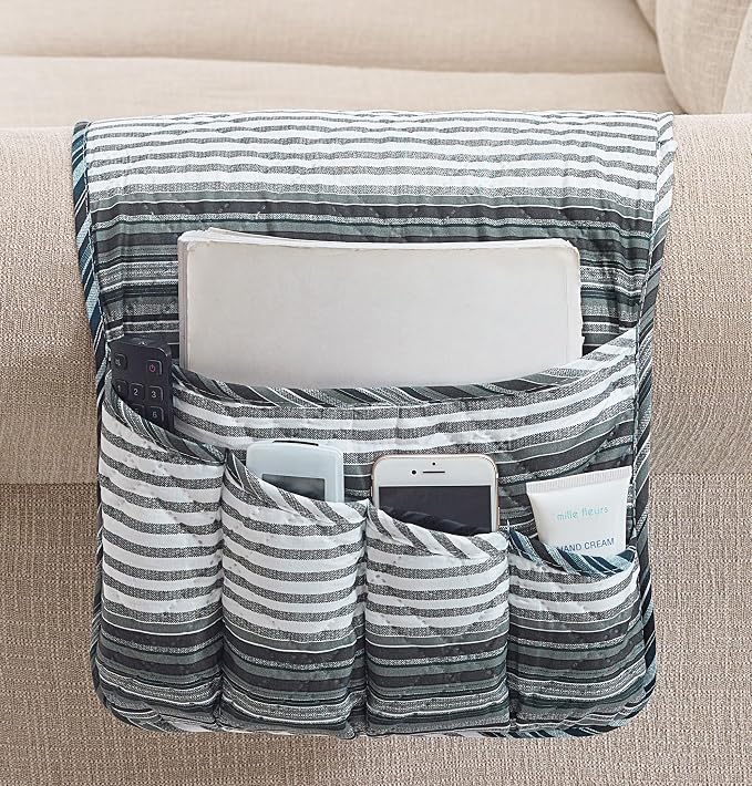 Brilliant Sunshine Multi Grey Stripes Couch Armrest Cover, 35"×13" | Washable Magazine Holder, Armrest Organizer & Caddy on Sofa, Recliner, Armchair, Storage for Remote Controls, Phone, iPad