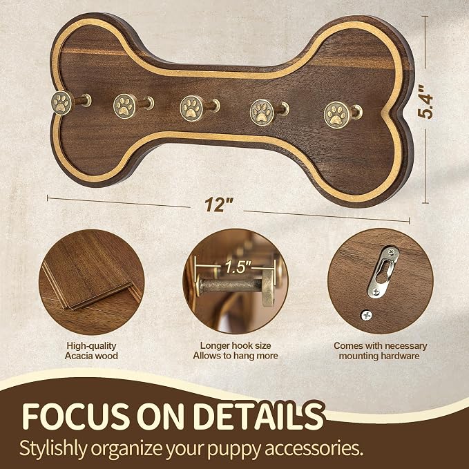 MTERSN Acacia Wood Dog Leash Holder for Wall – Farmhouse Dog Stuff Organizer and Dogs Bone Key Holder Wall Mount with 3D Paw Hooks - Cute Pet Organizer for Leashes, Keys & Home Decor(Dark Acacia) | Dog Bone Key Holder Wall Mount, Five Key Hooks, Farmho...