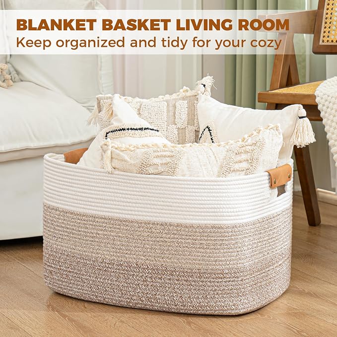 danpinera Blanket Basket, 72L Woven Storage basket with Leather Handle, Eco-friendly Decorative Storage Organization in Bathroom & Living Room for Towels 22 ''*17 ''*11.8 '', Gradient Brown