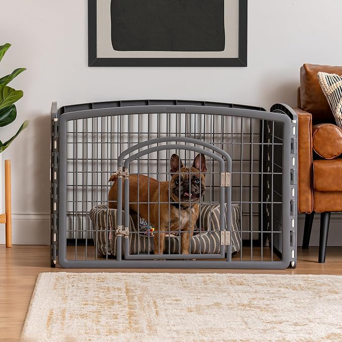 IRIS USA 4-Panel Dog Playpen, Pet Enclosure, Gray | Puppy Training, Custom Pen Configuration, Multi-Shape Setup, Flexible Boundary, Secure Door Latch, Stable Non-Tip Base
