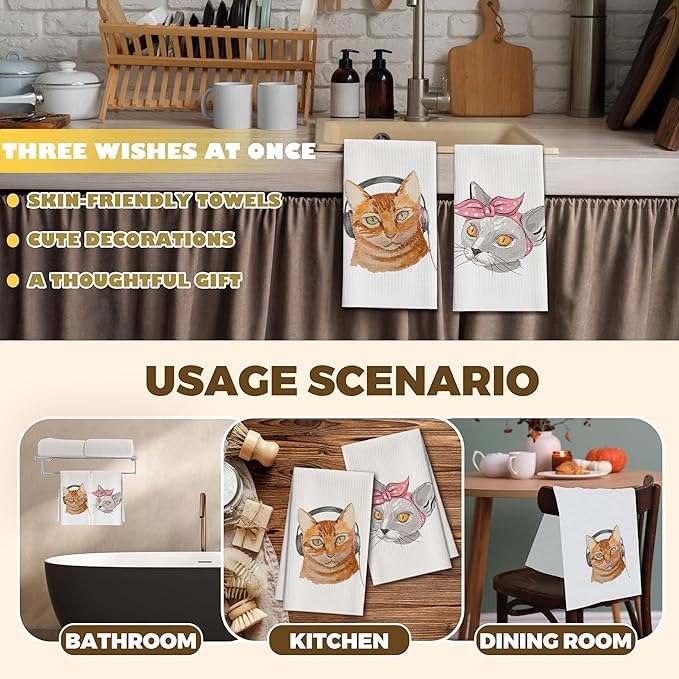 Kitchen Towels Set of 2, Headphone Cat Dish Towel for Kitchen, Funny Pink Bow Kitten Hand Towels for Bathroom, Fast Drying Tea Towel, Housewarming Xmas Gifts for Cat Lover Women Mom -B09