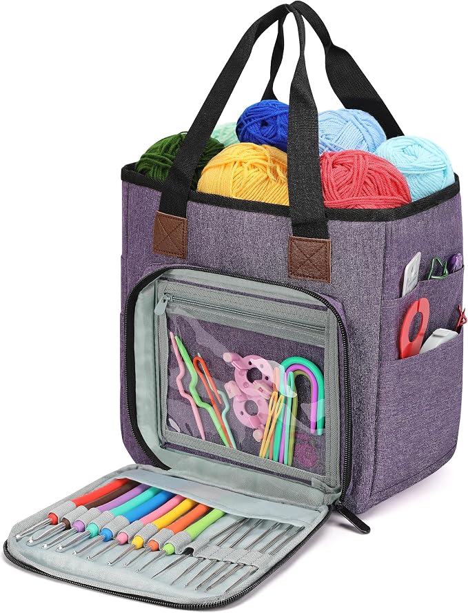 Crochet Bag Organizer for Crocheting, Knitting Yarn Bag Tote On The Go | Crochet Storage Bag for Knitters Supply, Crochet Gifts for Women, Birthday Gifts, Only Bag No Accessories (Purple)