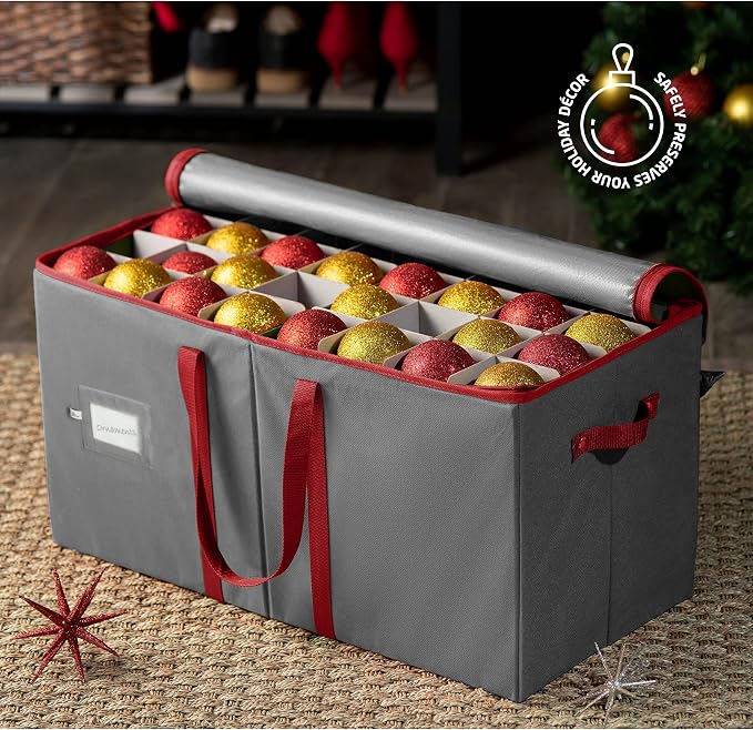 ZOBER Large Christmas Ornament Storage Box - Stores 128 3" Ornaments, With Dividers - Ornament Organizer Storage Box, Durable Christmas Containers Holder - Extra Pockets, Dual Zipper - Gray