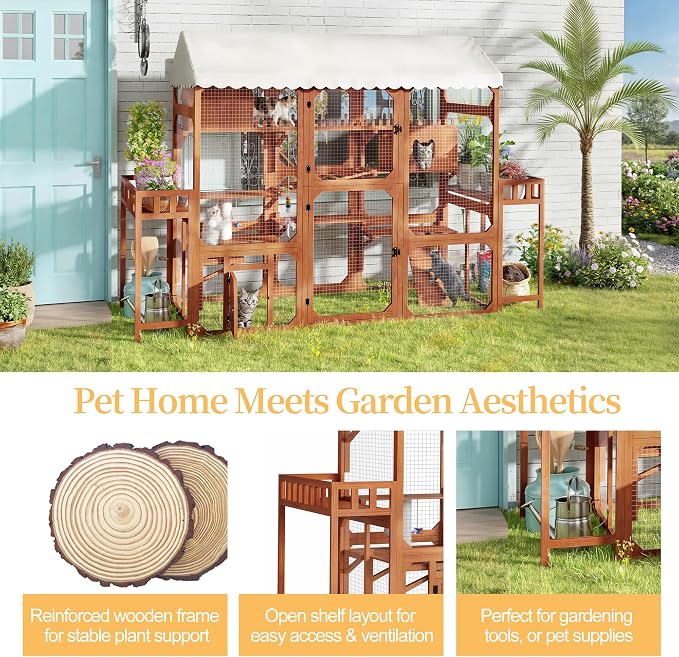Large Outdoor Cat Enclosure Wooden Catio with Multi-Level Play Platforms, Climbing Ramps, Resting Boxes, Pom-Pom Toys & 2 Plant Stands, Weather-Resistant Roof & Wire Mesh for Backyard Patio, Brown