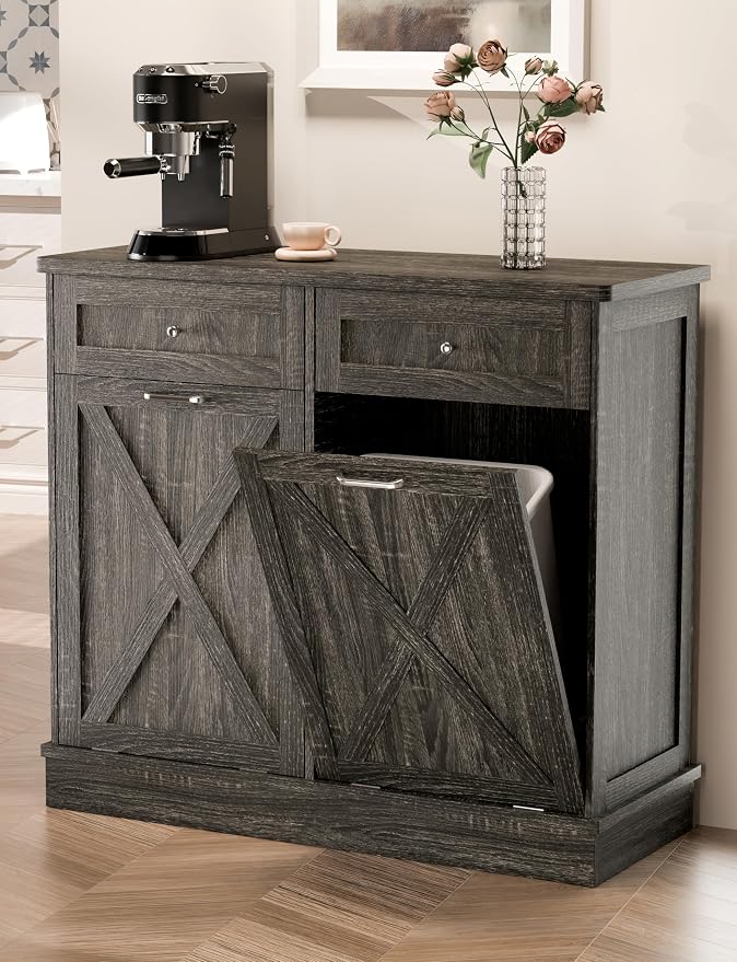 TOLEAD Double Tilt Out Trash Can Cabinet 2 x 10 Gallon Wooden Hidden Trash Cabinet with Barn Door & Solid Wood Top, Farmhouse Kitchen Garbage Bin Enclosure, Pet Proof Odor Blocking for Kitchen, Grey