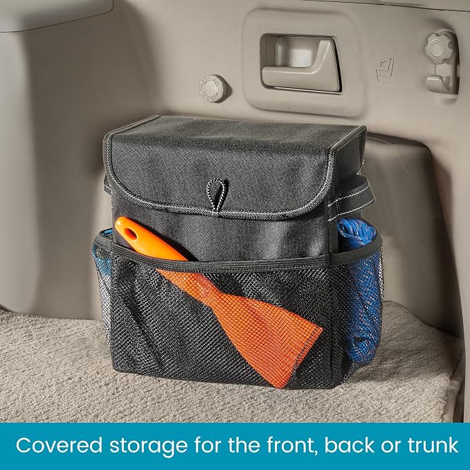 Carganizer Small Car Storage Bin with Lid for Trunk, Front Seat or Backseat | Multipurpose Compact Car Organizer Holds Driving Essentials, Cleaning Supplies, Emergency Items and Pet Needs