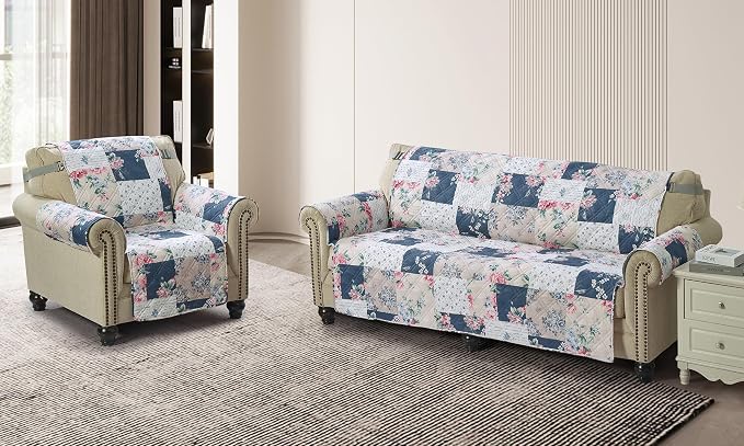 Brilliant Sunshine Vintage Blue & Pink Rose Toile Recliner Cover, 26" seat | Quilted Sofa Cover, Living Room & Bedroom Furniture Protector, Washable Reclining Chair Slipcover for Pets, Dogs & Cats