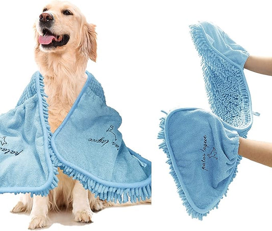 Patas Lague Absorbent Dog Towel for Drying Dogs Large, 35''x15'' Extra Large Microfiber Quick Drying Pet Bath Towel with Hand Pockets, Machine Washable Pet Shammy Blue