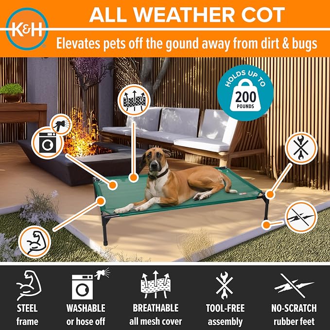 K&H Outdoor Elevated Dog Bed, Cooling Raised Dog Bed, Large 42x30in, Green | Pet Cot for Medium & Large Pets, Breathable Mesh 360 Hammock Design, Indoor/Outdoor Washable Cover, Portable Metal Frame