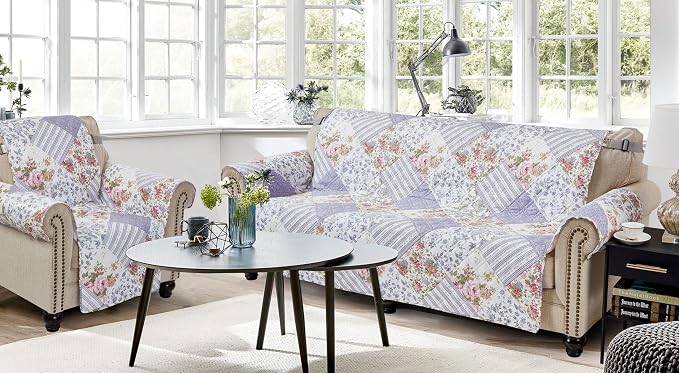 Brilliant Sunshine Rose Violet Floral Couch Armchair Cover, 23" seat | Quilted Sofa Cover, Living Room & Bedroom Furniture Protector, Washable Chair Slipcover for Pets, Dogs & Cats
