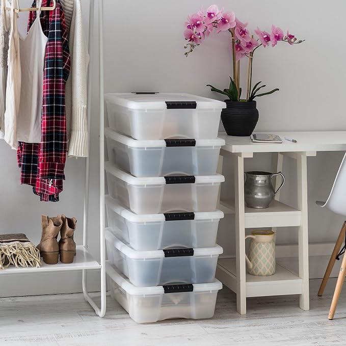 IRIS USA 6-Pack 27 Quart Storage Bins with Lids, Pearl | Conceals contents for a clean look. Great for linens, décor, closet storage, and supplies. Nestable design saves space