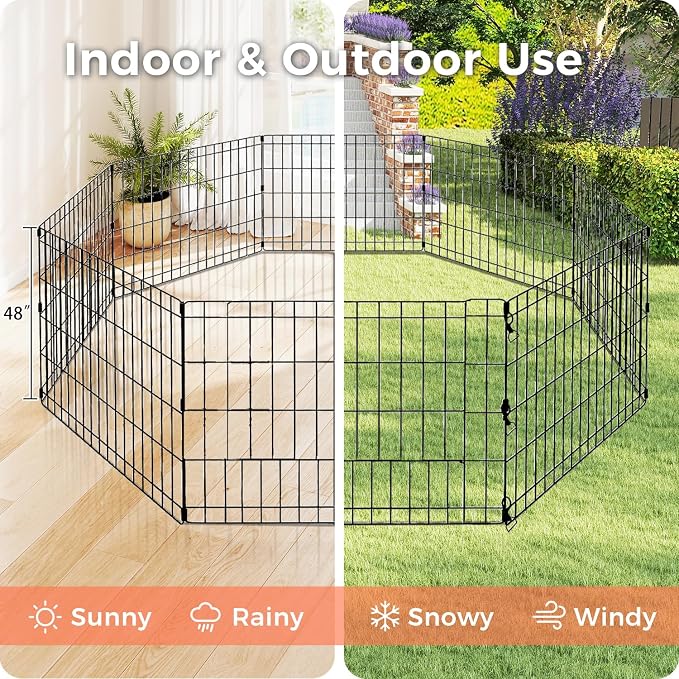 48" H Dog Playpen, 8 Panels Foldable Metal Pet Exercise Pen NO Door | Pet Dog Fence for Medium-Large Dogs, Indoor/Outdoor Use Metal Playpen, Portable Fence for Yard Garden Camping, Black
