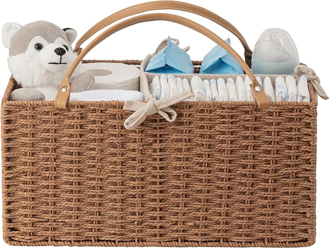HBlife Large Baby Diaper Caddy Organizer, Paper Rope Storage Baskets Nursery Bin with Removable Divider, Portable Car Organizer for Diapers, Baby Shower Gifts, Newborn Essentials Must Haves