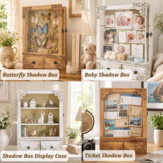 11x16 Shadow Box Frame with Light, Wedding Memorial Display Case with Shelves, Drawer and Slot for Keepsakes Large Deep Shadow Box for Flowers,Wedding Gift, Rustic Wood
