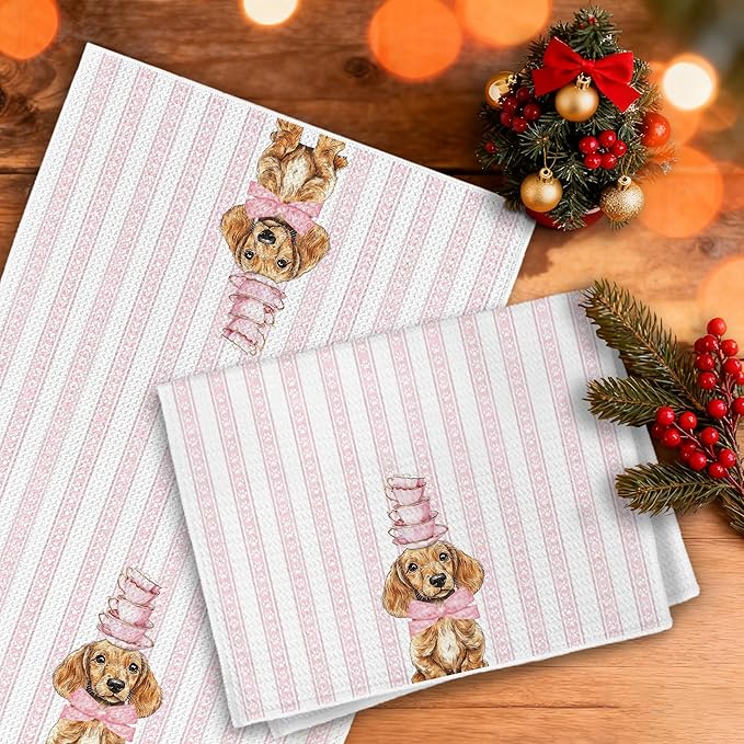 Pink Coquette Dachshund Kitchen Towels, Dachshund Lover Gifts Dish Tea Towels, Preppy Sausage Wiener Dog Pink Paws Decorative Hand Towel for Kitchen Bakery, 16x24 Inch