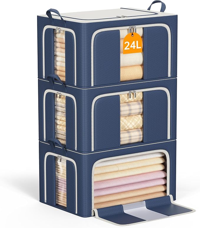3 Openings Clothes Storage Bins with Metal Frame，24L (navy blue) | Oxford-Gewebe