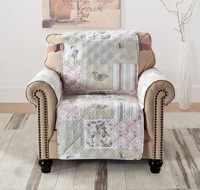 Brilliant Sunshine Grey Cupid & Pink Roses Couch Armchair Cover, 23" seat | Quilted Sofa Cover, Living Room & Bedroom Furniture Protector, Washable Chair Slipcover for Pets, Dogs & Cats