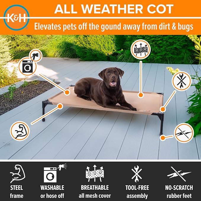 K&H Outdoor Elevated Dog Bed, Cooling Raised Dog Bed, Large 42x30in, Tan