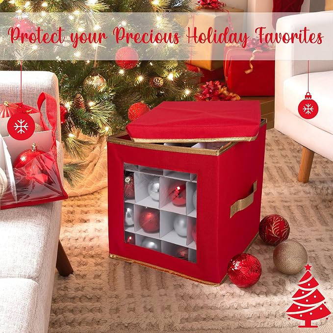 Simplify 64 Count Large Storage Box | Dimensions : 12.01 x 12.01 x 12.01 | Stackable Dividers | Holds up to 64 Ornaments | Red | Easy Carry Handles | Collapsible | Christmas Organization
