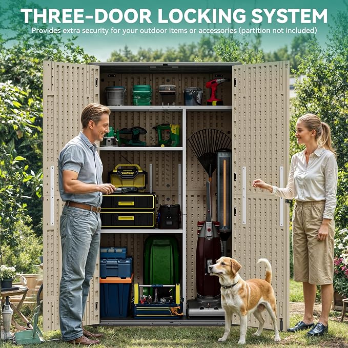 YITAHOME 60 cuft Vertical Outdoor Storage Shed with Shelf, Large Waterproof Storage Cabinet for Garden Shed, Tall Outdoor Storage Shed for Garage, Pool Storage, Resin, Lockable, Khaki & Brown