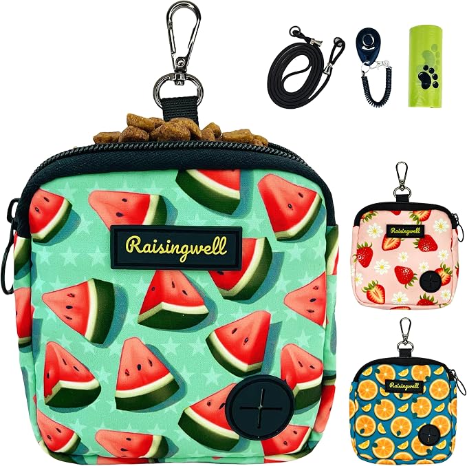 Raisingwell Dog Treat Pouch for Pet Walking and Training with Clicker Poop Bags Small Fanny Zipper Pack Holder for Puppy Snack Dispenser Kit for Leash and Outdoor Use (Watermelon)