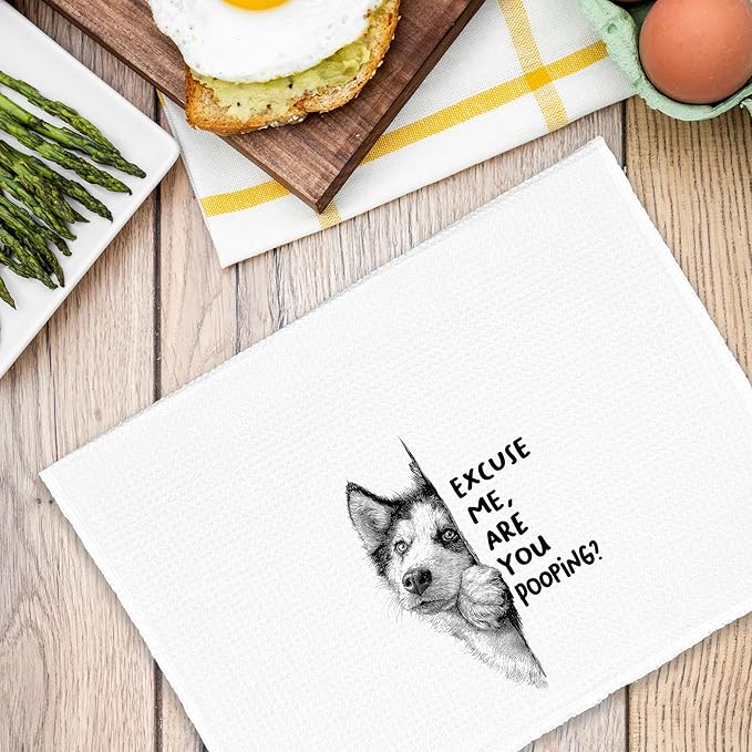 Funny Dog Husky Bathroom Towels, Cute Rustic Hand Kitchen Towels Gifts for Dog Lovers, are You Pooping Bar Dish Towel Decor for Dorm Bar Cafe 16x24in