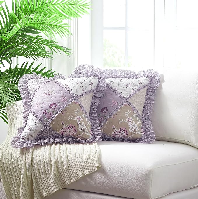 Brilliant Sunshine Lilac & Beige Roses Ruffle Pillowshams Set, 18"x18" | Patchwork Design with Ruffles, Quilted Pillow Covers, Washable Throw Cushion Cases for Couchs and Beds, Pack of 2