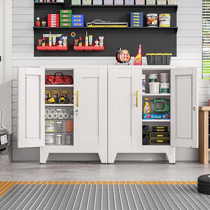 Small Metal Storage Cabinet, Lockable Tool Cabinet with Doors and 2 Shelves | Compact 23.6-Inch Width, 2 Adjustable Shelves, Locking Doors, Magnetic Closure, Adjustable Feet, Cold-Rolled Steel