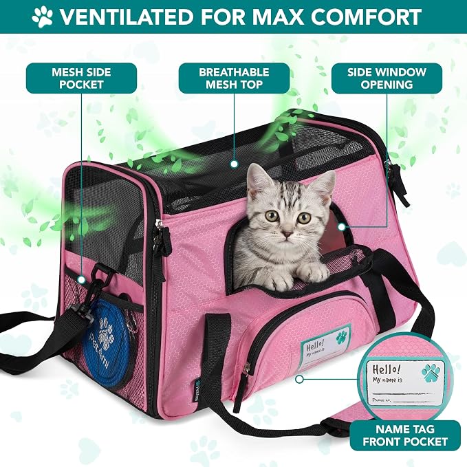 PetAmi Airline Approved Pet Carrier for Cats & Small Dogs, Large, Pink | Soft Sided TSA Travel Bag, Sherpa Bed, Breathable Mesh Ventilation, Collapsible Bowl, Fits Under Seat, Up to 18 lbs