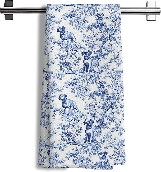 Chinoiserie Boxer Dog Decor Kitchen Towels, Blue and White Botanical Grandmillennial Boxer Dog Gifts Decorative for Kitchen Bathroom Decor, 16x24 Inch