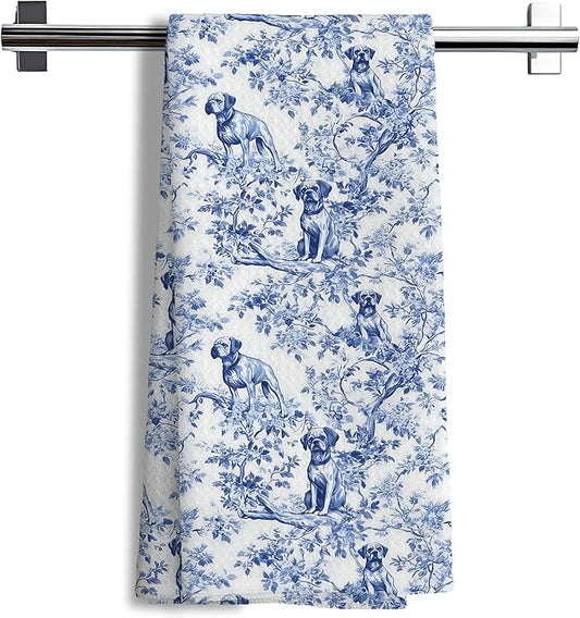Chinoiserie Boxer Dog Decor Kitchen Towels, Blue and White Botanical Grandmillennial Boxer Dog Gifts Decorative for Kitchen Bathroom Decor, 16x24 Inch