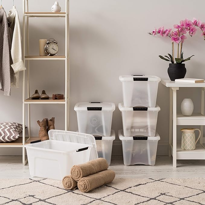 IRIS USA 6-Pack 32 Quart Storage Bins with Lids, Pearl | Conceals contents for a neat look, Ideal for linens, décor, closet essentials, and household supplies
