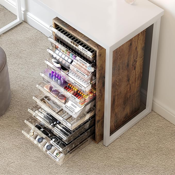 Storage Drawer Cart, Mobile Storage Cabinet, Makeup Storage with 10 Large Clear Drawers, Utility Wooden Rolling Cart on Wheels, for Cosmetic, Art Craft, Office Supplies, Toy, Brown