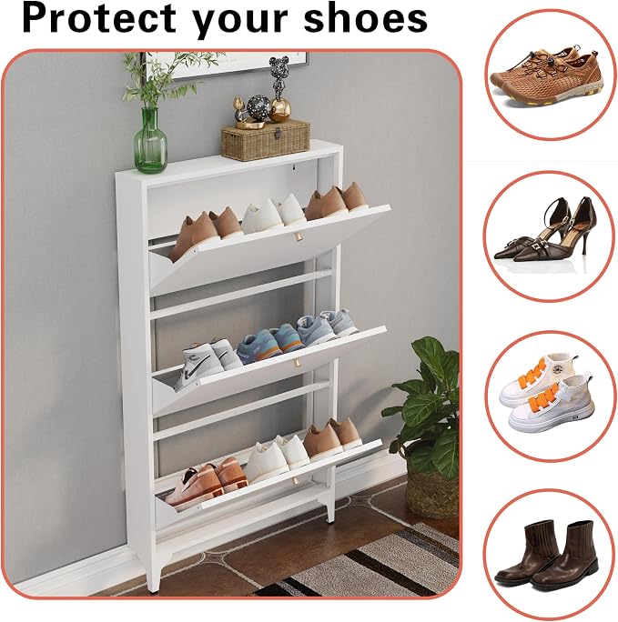 Shoe Cabinet with 3 Flip Drawers, Narrow Shoe Storage Cabinet, Farmhouse Shoe Organizer, Freestanding Organizer with Metal Legs for Entryway, Foyer (White, 3 Door)
