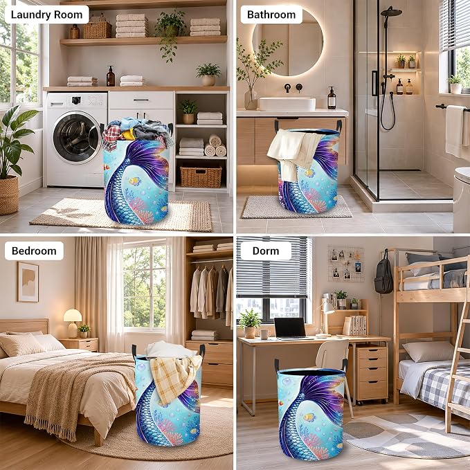 Laundry Hamper, Mermaid Tail Collapsible Ocean Coral Laundry Baskets Waterproof Oxford Cloth With Handles, Clothes Storage Bucket For Bathroom/Bedroom 16" x 20.8"